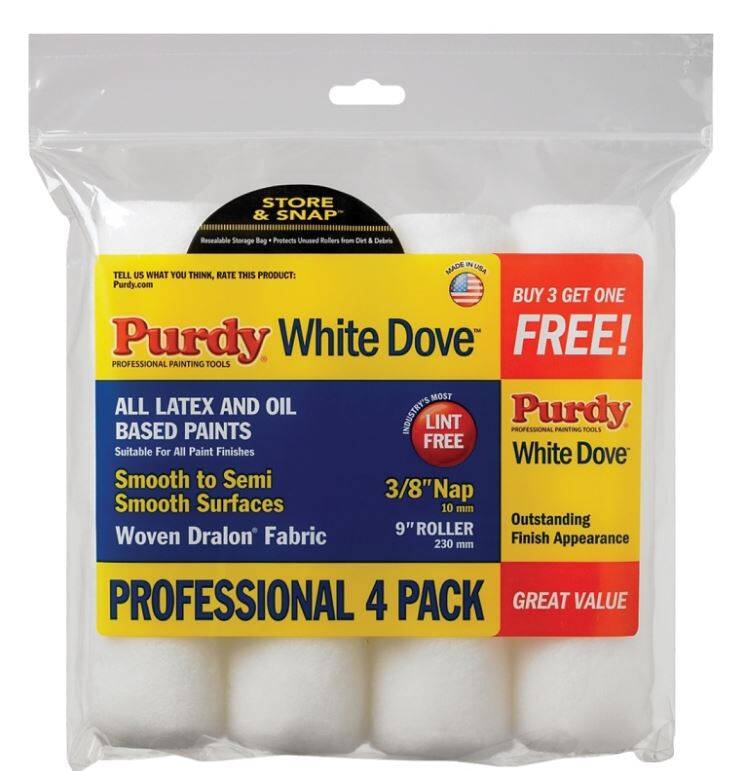White Dove™ Woven Dralon® Fabric 9-Inch Rollers, 3/8-Inch Nap, 4-Pack