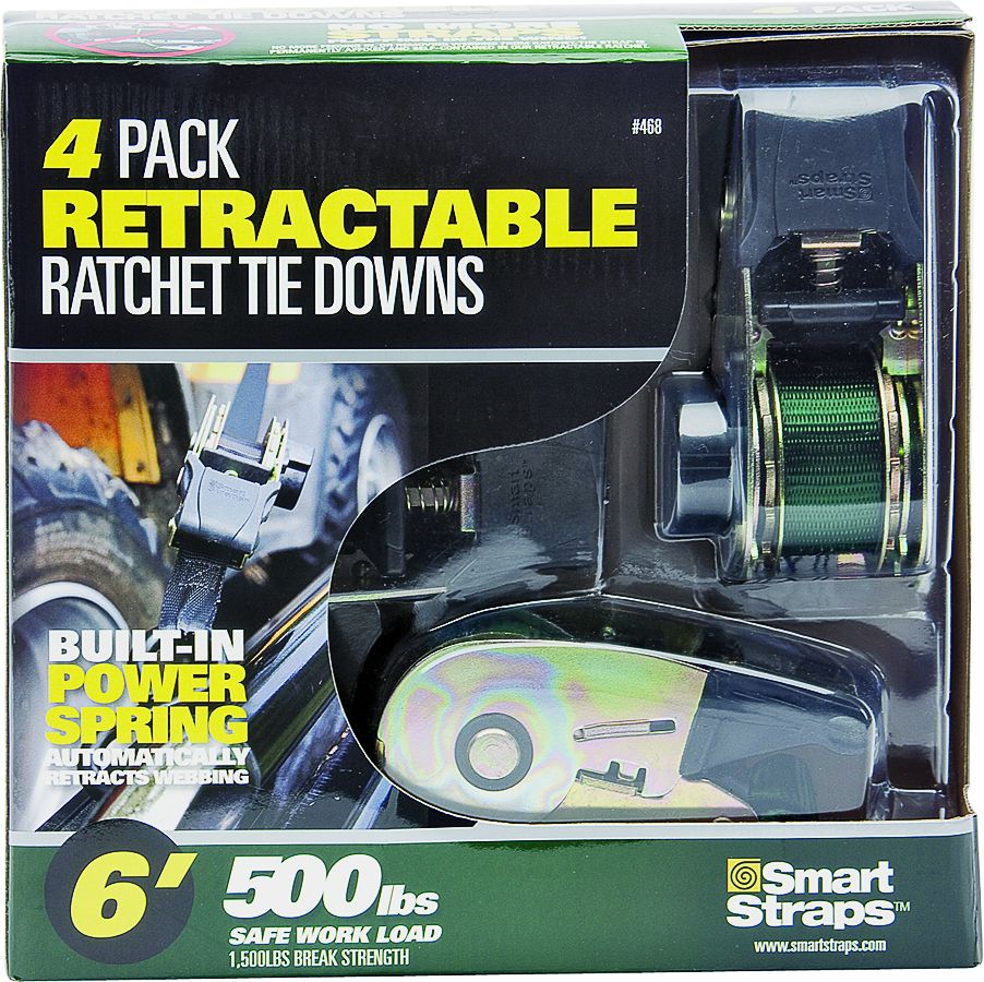 Smartstraps Retractable Ratchet Tie Down 6-Foot 1500-Pound 4-Pack