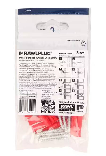 Uno Multi-Purpose Drywall Anchors 1/4-Inch with Screws #6x1-1/2-Inch