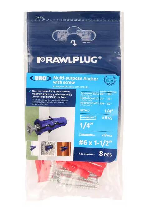Uno Multi-Purpose Drywall Anchors 1/4-Inch with Screws #6x1-1/2-Inch 6 Uno Multi-Purpose Drywall Anchors 1/4-Inch with Screws #6x1-1/2-Inch