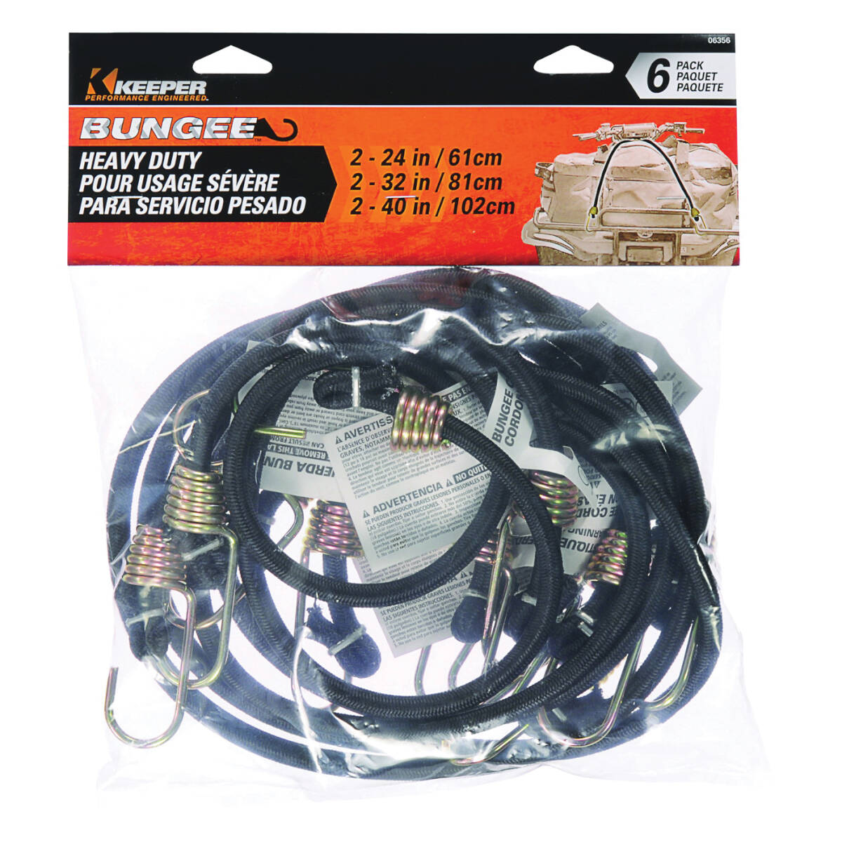 Rubber Heavy-Duty Bungee Cord, 6-Pack