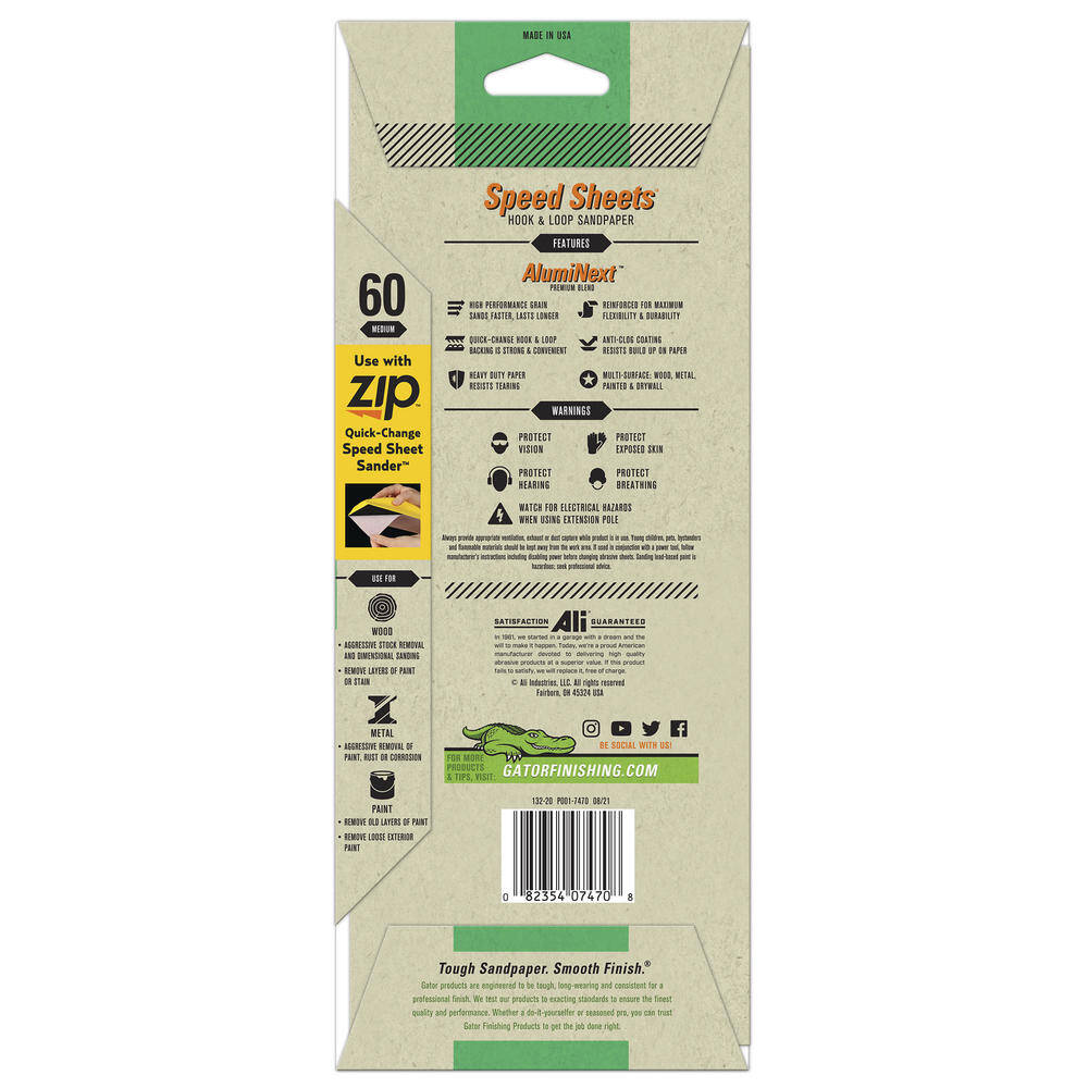 Medium, 60 Grit, Zip&trade; Quick Change System, Speed Sheets&trade;Remove, Sandpaper, 5-Pack