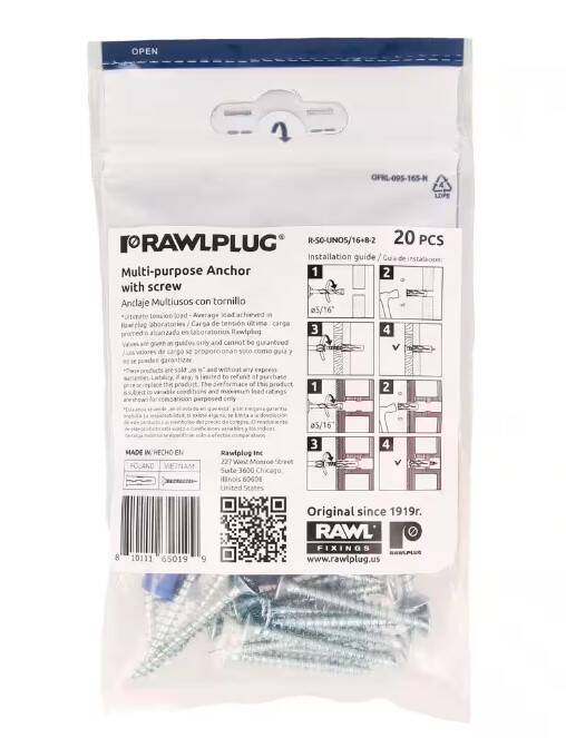 Uno Multi-Purpose Drywall Anchor 5/16-Inch with Screws #9 x 1 3/4-Inch