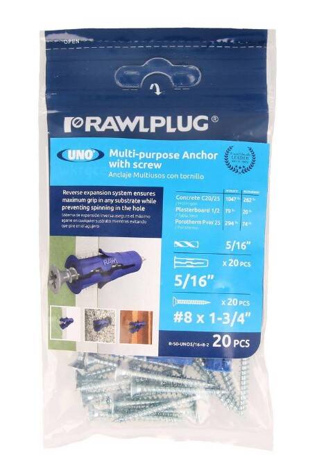 Uno Multi-Purpose Drywall Anchor 5/16-Inch with Screws #9 x 1 3/4-Inch 7 Uno Multi-Purpose Drywall Anchor 5/16-Inch with Screws #9 x 1 3/4-Inch