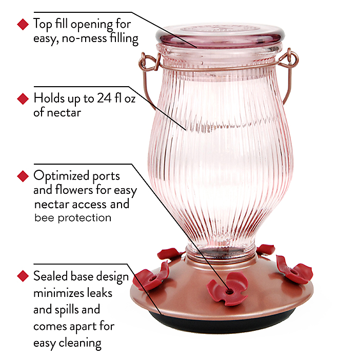 24-Ounce Rose Gold Top-Fill Glass Hummingbird Feeder 2 24-Ounce Rose Gold Top-Fill Glass Hummingbird Feeder