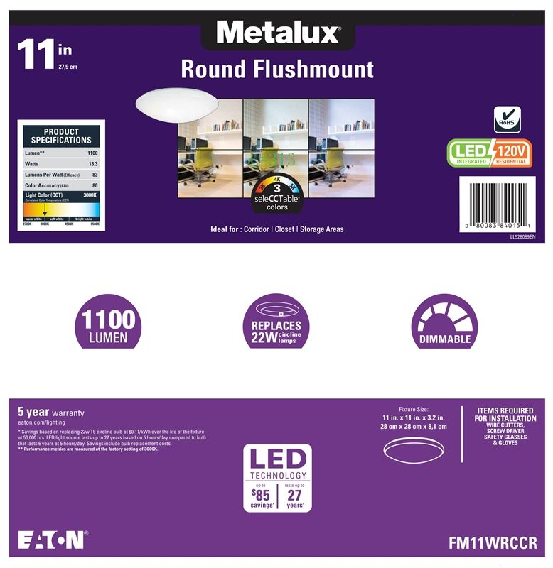 Metalux 11-Inch White Round Fm LED Dimming Flushmount
